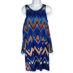 Cato Dress Women's Medium Layered Boho Tribal Sleeveless Flowy Multicolor Blue